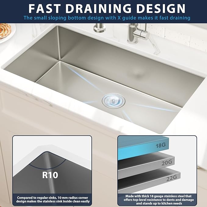 33 Inch Undermount Kitchen Sink Single Bowl 18 Guage Stainless Steel 33"x19"x9" Deep Under Counter Kitchen Sinks Basin R10 Round Corners Handmade Sink