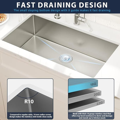 33 Inch Undermount Kitchen Sink Single Bowl 18 Guage Stainless Steel 33"x19"x9" Deep Under Counter Kitchen Sinks Basin R10 Round Corners Handmade Sink