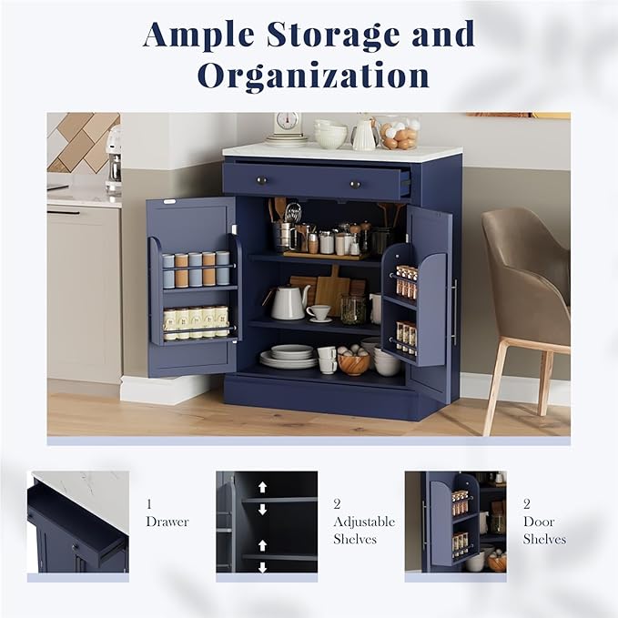 Modern Freestanding Kitchen Pantry Buffet Food Storage and Coffee Station Cabinet with Drawer 2 Adjustable Shelves and 2 Door Shelves Practical(Blue)