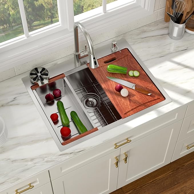 28x22 Drop In Kitchen Sink with Faucet Combo Workstation 16 Gauge Stainlee Steel Single Bowl Kitchen Sinks Large Deep Round Corner Handmade Overmount Topmount Sink Basin