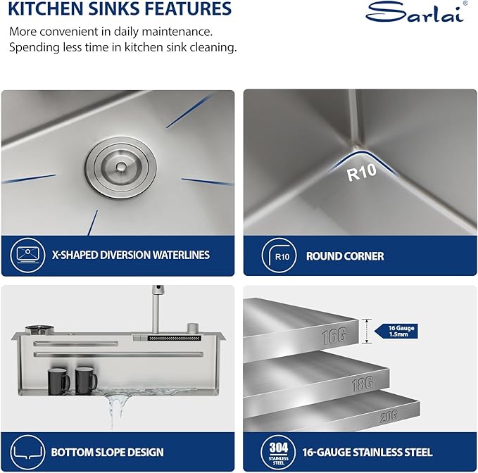 Sarlai Waterfall Kitchen Sink - 33 Inch Drop In Workstation Sink With Waterfall Stainless Steel 16 Gauge Multifunction Single Bowl Smart Top Mount Kitchen Sinks with Mechanical Keys 33x19x9 Inch