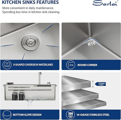 Sarlai Waterfall Kitchen Sink - 33 Inch Drop In Workstation Sink With Waterfall Stainless Steel 16 Gauge Multifunction Single Bowl Smart Top Mount Kitchen Sinks with Mechanical Keys 33x19x9 Inch