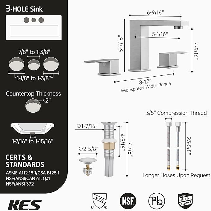 KES Brushed Nickel Bathroom Faucet 3 Hole, Includes All Metal Bathroom Sink Drain Without Overflow, 8 Inch Widespread Bathroom Sink Faucet, Vanity Faucet with cUPC Supply Line, L4350LFF12-BS-C2