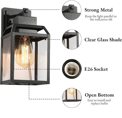 Black Outdoor Wall Lights, Farmhouse Exterior Wall Sconces Light Fixture with Clear Glass, Modern Square Waterproof Lanterns for Front Door, Entry, Porch, Patio, and Gazebo