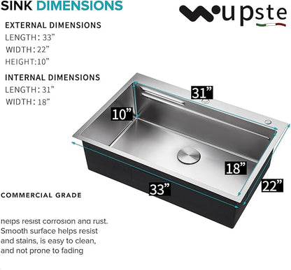 Kitchen Sink 33x22 Drop In Kitchen Sinks with Faucet Combo 33 inch Large Single Bowl Stainless Sink Modern Workstation Deep Kitchen Sink
