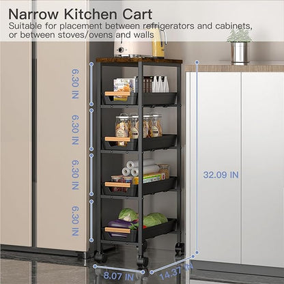 5 Tier Slim Rolling Storage Cart with Wood Top, Narrow Laundry Room Organizer for Tight Gaps, Metal Bathroom Gap Filler, Kitchen Pantry Trolley, Small Spaces (Black)