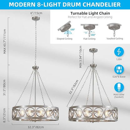 XINGQI Large Drum Chandelier 32.3" Brushed Nickel Chandeliers for Dining Room, Modern 8-Light Round Pendant Lighting Fixture for Living Room Office Kitchen Island
