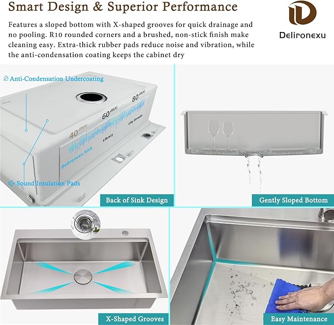 33x22 Drop In Kitchen Sink, Delironexu 33 Inch Kitchen Sink Workstation, 16 Gauge 304 Stainless Steel Top Mount Kitchen Sink Single Bowl with Accessories