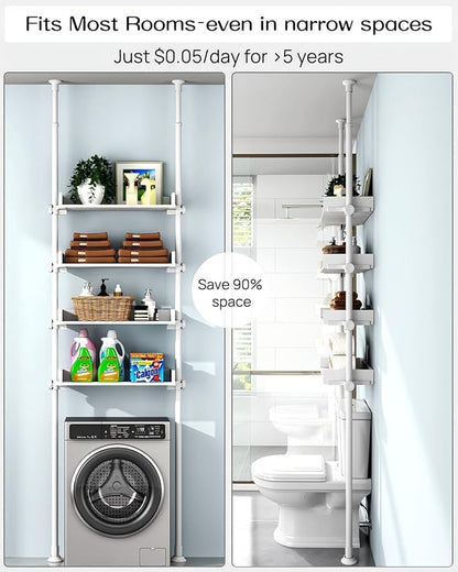 ALLZONE Bathroom Organizer, Over The Toilet Storage, 4-Tier Adjustable Wood Shelves for Small Rooms, Saver Space Rack, Narrow Cabinet, 92 to 116 Inches Tall, White