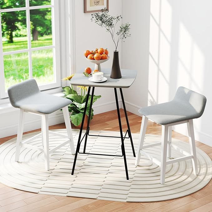 Giantex 24" Bar Stools Set of 2, Upholstered Counter Height Barstools with Low Back, Footrest, Armless Wood Bar Chairs for Kitchen Island, Dining Room, White & Gray