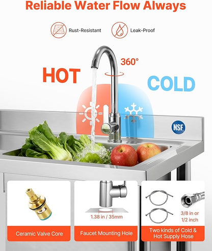 VEVOR Stainless Steel Utility Sink, Rolling Single Bowl Commercial Kitchen Sink with Wheels,Faucet and Hot & Cold Water Pipe,Utility Basin Workbench for Garage Restaurant Laundry 39.4 x 19.7 x 41.5 in