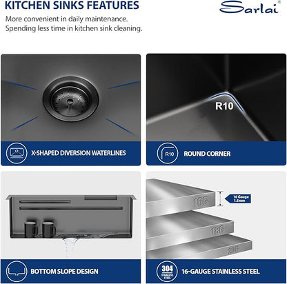 Sarlai 33 Inch Waterfall Kitchen Sink Workstation - 33x22 Black Waterfall Drop In Sink Stainless Steel 16 Gauge Sink Multifunction Single Bowl Smart Top Mount Kitchen Sinks with Faucet Combo