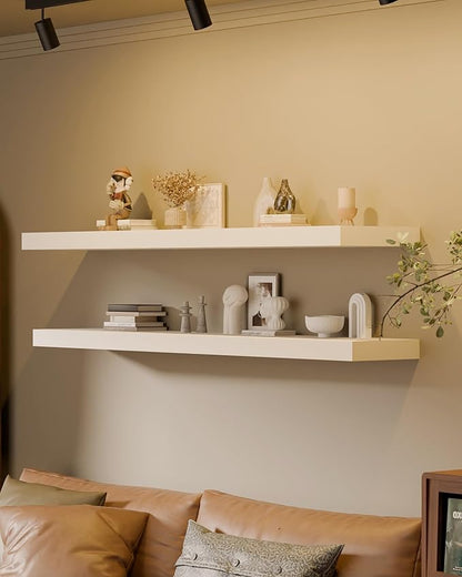 60x12 Inch Floating Shelves for Wall, Set of 2 Solid Wood Wall Shelves, Extra Long Heavy Duty Wall Mount Shelf for Living Room & Kitchen, Large White Floating Shelves