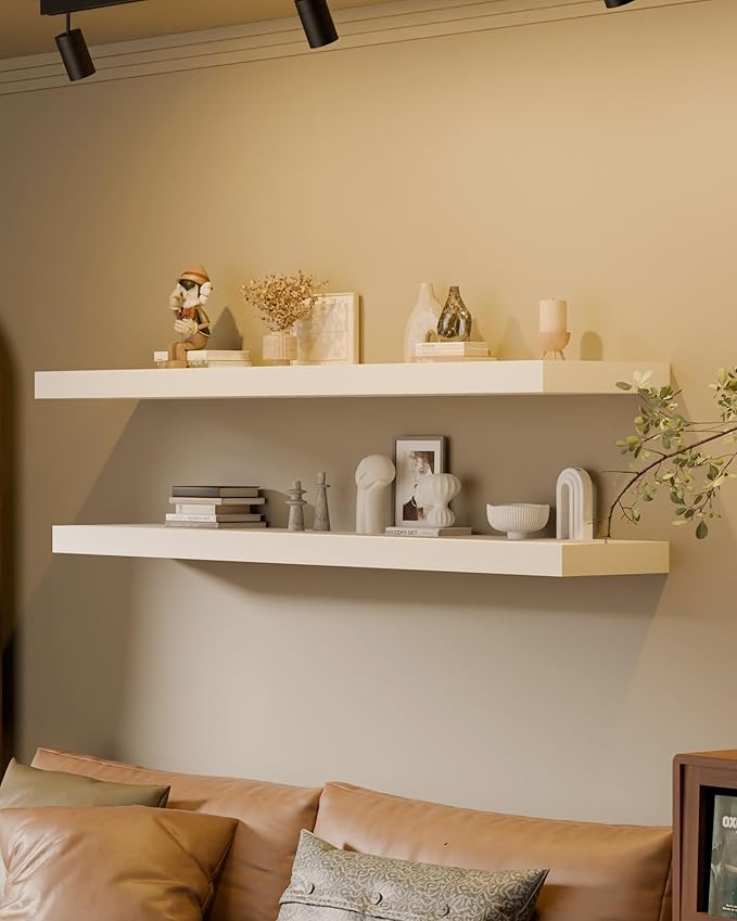 Floating Shelves for Wall, 36x12 Inch Solid Wood Wall Shelves, Extra Long Heavy Duty Wall Mount Shelf for Kitchen & Living Room, Large White Floating Shelves, Set of 2