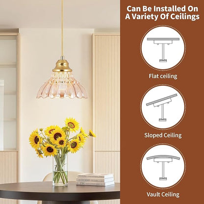 Vintage Pendant Lights Kitchen Island,Gold Pendant Light with Amber Glass Lampshade,Adjustable Hanging Light Fixture for Dining Room,Mini Chandeliers for Kitchen,Bedroom,Bathroom,Hallway