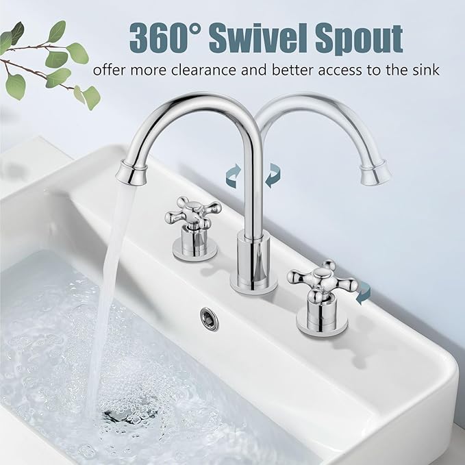 Aolemi 8 Inch 3 Holes Widespread Bathroom Sink Faucet Double Cross Handle SUS304 360 Degree Swivel Spout with Pop Up Drain Deck Mount Lavatory Mixer Tap Polish Chrome