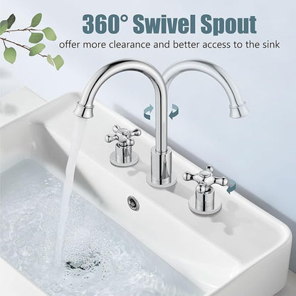 Aolemi 8 Inch 3 Holes Widespread Bathroom Sink Faucet Double Cross Handle SUS304 360 Degree Swivel Spout with Pop Up Drain Deck Mount Lavatory Mixer Tap Polish Chrome