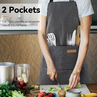 NLUS 2 Pcs Kitchen Cooking Aprons, Poly/Cotton Blend Adjustable Soft Bib Stripe Aprons with 2 Pockets for Women Men Chef (Blue Pinstripes/Black Pinstripes)