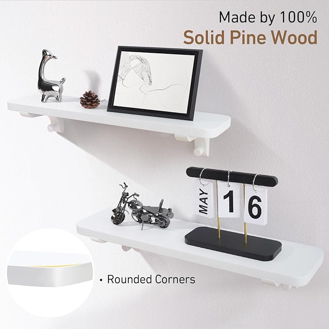 Wooden Floating Shelves for Wall, 22.6" W x 6" D x 0.8" H Large Wall Shelves, Hanging Storage Shelf with Hooks for Living Room, Kitchen, Bathroom, Bedroom Decor, White, 2 Packs