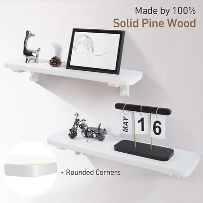 Wooden Floating Shelves for Wall, 22.6" W x 6" D x 0.8" H Large Wall Shelves, Hanging Storage Shelf with Hooks for Living Room, Kitchen, Bathroom, Bedroom Decor, White, 2 Packs