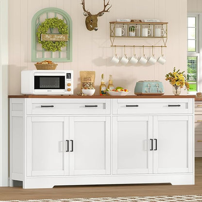 TEENFON 63” Buffet Cabinet with Storage and 2 Drawers, Large Sideboard Cabinet with 2 Adjustable Shelves and 4 Doors, Coffee Bar, Buffet Table for Kitchen, Dining Room, White