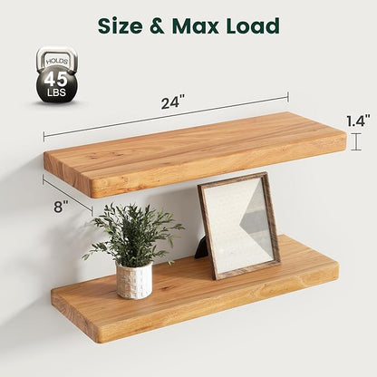 24 Inch Flat Edge Floating Shelves, 8 Inch Deep Solid Elm Wood Wall Shelf, Heavy-Duty Wall Mounted Shelf with Invisible Brackets for Living Room, Bathroom, Kitchen, Set of 2, Natural Color