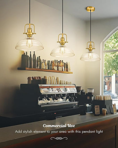FEMILA 11" Gold Pendant Light Fixture, Vintage Pendant Lighting with Clear Glass Shade for Kitchen Island, Adjustable Hanging Light, Brushed Gold Pendant Lights, 4FY09-MP BG