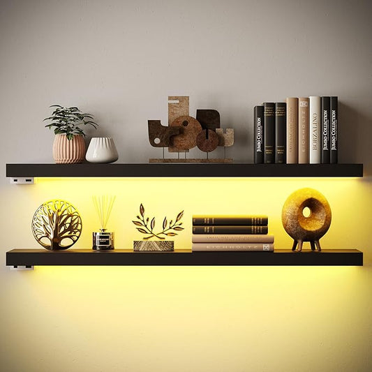 BAMEOS Floating Shelves with LED Light, Wall Mounted Wooden Shelves with Invisible Brackets, Set of 2, Hanging Wall Shelves for Bedroom, Bathroom, Living Room and Kitchen(31", Blcak)