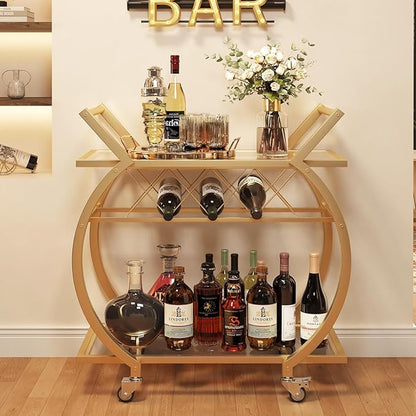 LVB Gold Bar Cart with Glass, Bar Cart with Wheels, Wine Cart with 2 Tier Storage Glass Shelves Home Bar Serving Cart with Wine Rack, Liquor Cart for Kitchen, Bar, Dinning Room