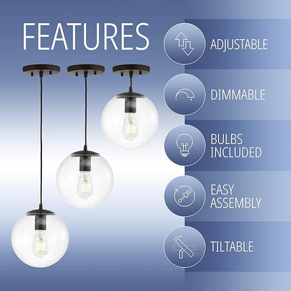 JONATHAN Y 7.75" Clear/Oil Rubbed Bronze Modern Globe LED Pendant Light, Industrial Hanging Ceiling Lamp for Kitchen Island, White Glass Globe Shade, LED Bulb Included (JYL9528D)