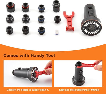TIORIY Kitchen Faucet Head Replacement with 15 Adapters, 3 Modes Kitchen Faucet Spray Head Replacement, Pull Out Kitchen Faucet Sprayer Head Nozzle, Oil Rubbed Bronze, Plastic