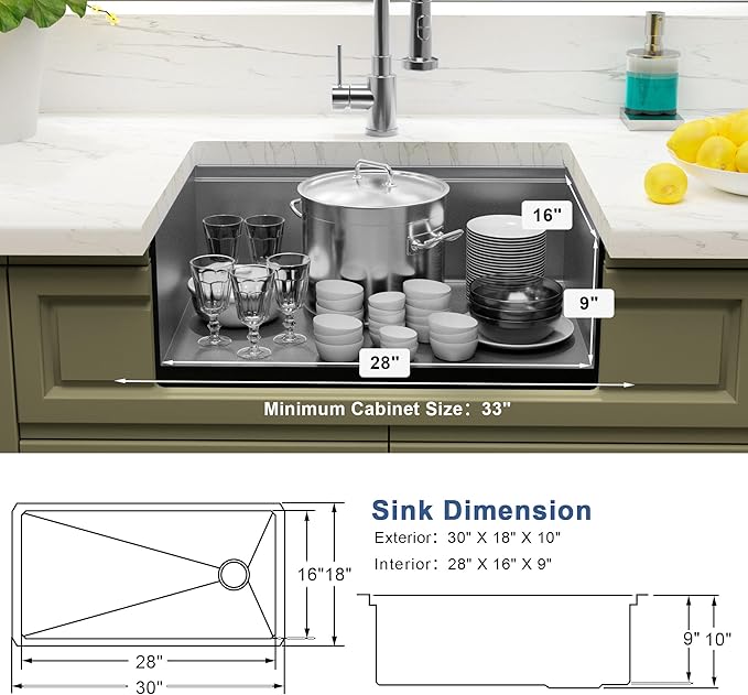 Undermount Kitchen Sink 30 inch,16 gauge Stainless Steel Workstation Sink,Deep and Large Single Bowl Kitchen Sinks Offset Drain (30" X 18")