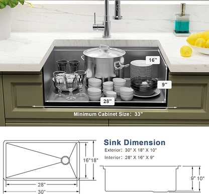 Undermount Kitchen Sink 30 inch,16 gauge Stainless Steel Workstation Sink,Deep and Large Single Bowl Kitchen Sinks Offset Drain (30" X 18")