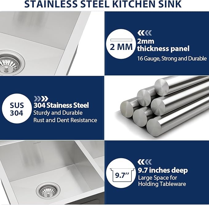 Lordear 33 Double Bowl Kitchen Sink 33x19 Inch Undermount Sink Low Divide Workstation Double Bowl 50/50 16 Gauge Stainless Steel Sinks Basin Handmade