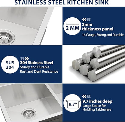 Lordear 33 Inch Undermount Kitchen Sink 33x19 Inch Handmade Double Bowl 50/50 Stainless Steel 16 Gauge Sinks Low Divided Under Counter Kitchen Sink Basin