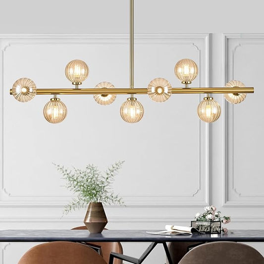 Mid Century Modern Glass Globe Sputnik Chandelier, 9-Light Linear Chandeliers for Dining Room, Kitchen Island, Living, Dining Light Fixture Over Table, Brass Gold and Amber Bubble, 40 Inch