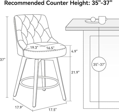 Vipbear Swivel Bar Stools Set of 2, Updated Thickened Faux Leather Counter Height Barstools with Backs, Solid Wood Legs, 26" Modern Bar Height Stools for Kitchen Island, Dining Room, Black Seat