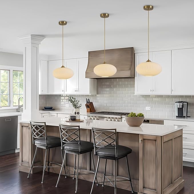 KCO Lighting White Ribbed Glass Ceiling Light Modern Antique Brass Pendant Light Gold Globe Pendant Light Fixture Mid Century Kitchen Island Pendant Lighting (2 Pack)
