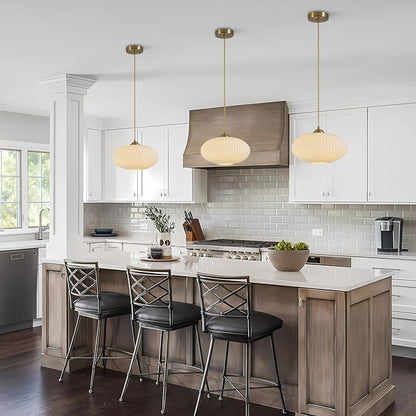 KCO Lighting White Ribbed Glass Ceiling Light Modern Antique Brass Pendant Light Gold Globe Pendant Light Fixture Mid Century Kitchen Island Pendant Lighting (2 Pack)