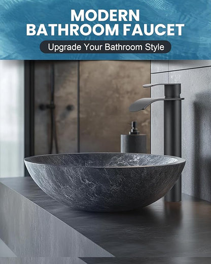 Vessel Sink Faucet Black for Bathroom：WOWOW Single Handle Tall Bathroom Faucet - Waterfall Single Hole Mixer Bar Tap with Large Rectangular Spout, Deck Mount Lavatory Vanity with Pop Up Drain