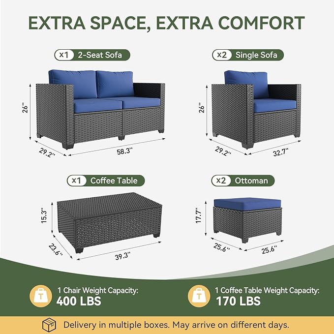 Aoxun 7 Piece Outdoor Patio Furniture Set 6 Seats, Outdoor Sectional with Thick Waterproof Cushions, Patio Conversation Sets for Garden,Backyard, Porch, Balcony, Deck, Black & Blue