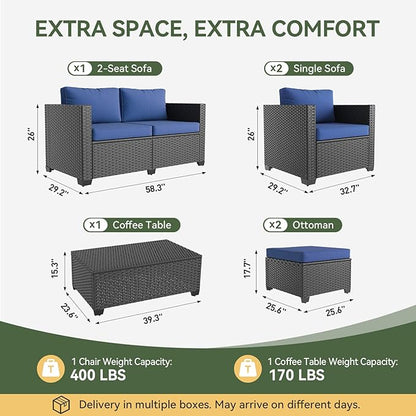 Aoxun 7 Piece Outdoor Patio Furniture Set 6 Seats, Outdoor Sectional with Thick Waterproof Cushions, Patio Conversation Sets for Garden,Backyard, Porch, Balcony, Deck, Black & Blue