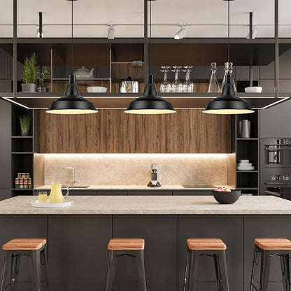 LOEHINLE Pendant Light Fixtures, 3Pcs Farmhouse Kitchen Island Lights Fixture, Industrial Hanging Pendant Lighting for Dining Room Bedroom, Black Metal Pendant Lamp, E26 Base, 12.2in