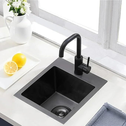 Hotis Black Drop In Bar Sink, 15x15 Small Kitchen Sink Single Bowl, Stainless Steel Black Sinks for Outdoor Wet Bar Prep RV Yard Office Laundry Utility with Strainer Drain and Bottom Grid