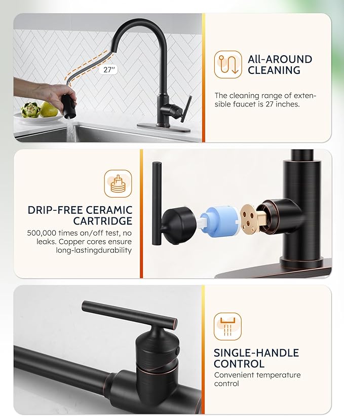 WOWOW Kitchen Faucets with Pull Down Sprayer, Oiled Rubbed Bronze Kitchen Faucet with Sprayer, 304 Stainless Steel High Arc Single Handle Pull Down Kitchen Faucet for Kitchen Sink Faucet