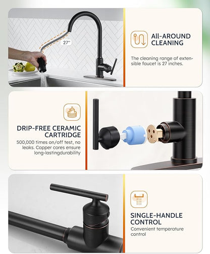 WOWOW Kitchen Faucets with Pull Down Sprayer, Oiled Rubbed Bronze Kitchen Faucet with Sprayer, 304 Stainless Steel High Arc Single Handle Pull Down Kitchen Faucet for Kitchen Sink Faucet