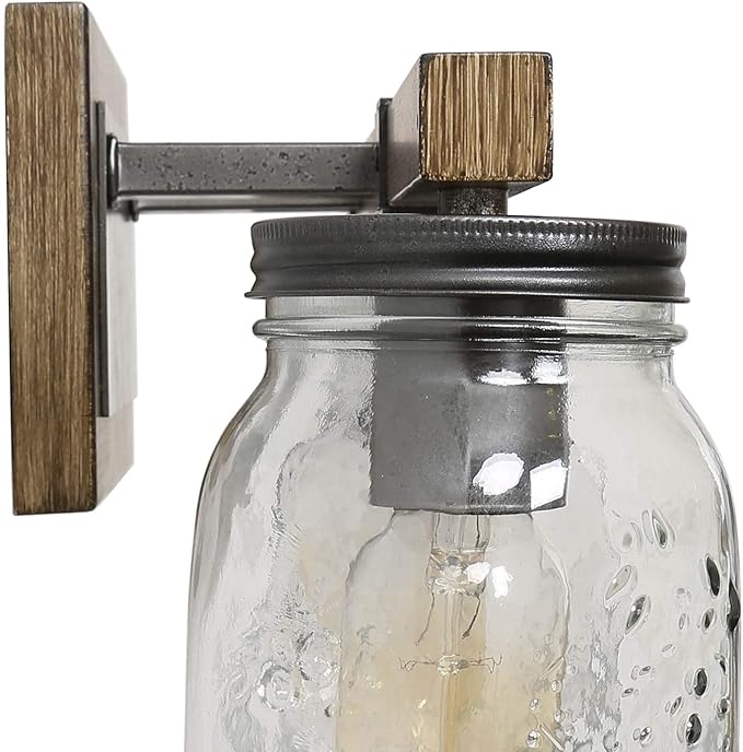 LNC Rustic Bathroom Light Fixtures Farmhouse Vanity Lighting with Mason Jar Glass, Wooden Finished, 29 inches, Brown, 4-Light , White