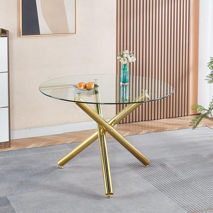 SSLine 43.3" Round Glass Dining Table for 4 Modern Circle Glass Tabletop Kitchen Table for 4 Luxury Dinner Tables with Gold Metal Legs for Home Kitchen Dining Room(Table Only)