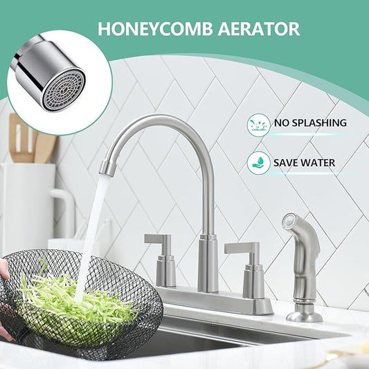 Kitchen Faucet with Sprayer, Brushed Nickel Stainless Steel Kitchen Sink Faucet with Side Sprayer, 3 Hole or 4 Hole Faucet for Kitchen Sink, Commercial RV Laundry Utility Kitchen Faucet KMF023L-1