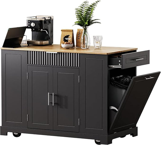 Modern Dining Table Kitchen Island with Drawers, Fluted Design, Power Outlet, Shelves, Mobile Rolling Cart for Dining Room and Kitchen,Black-MDF